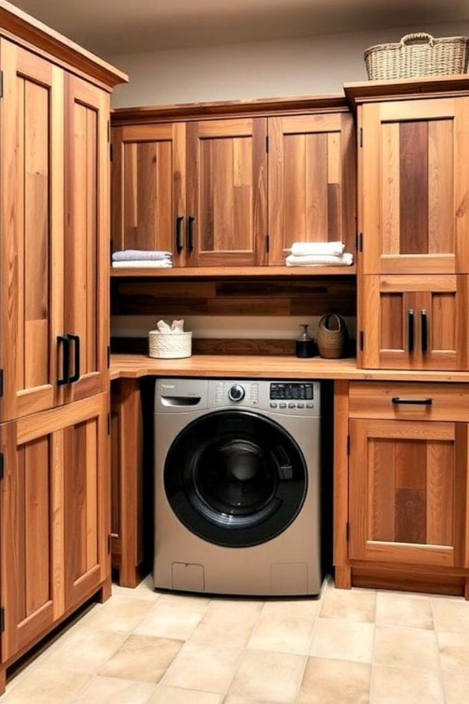 Rustic barnwood laundry room cabinets.
