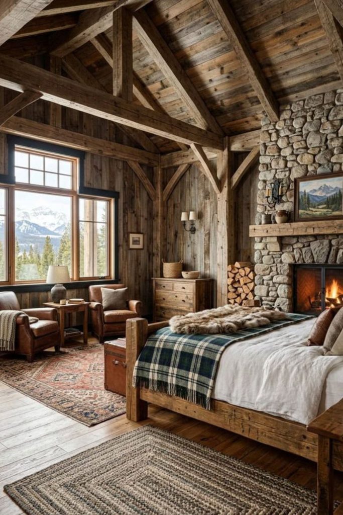 Rustic reclaimed wood farmhouse bed.