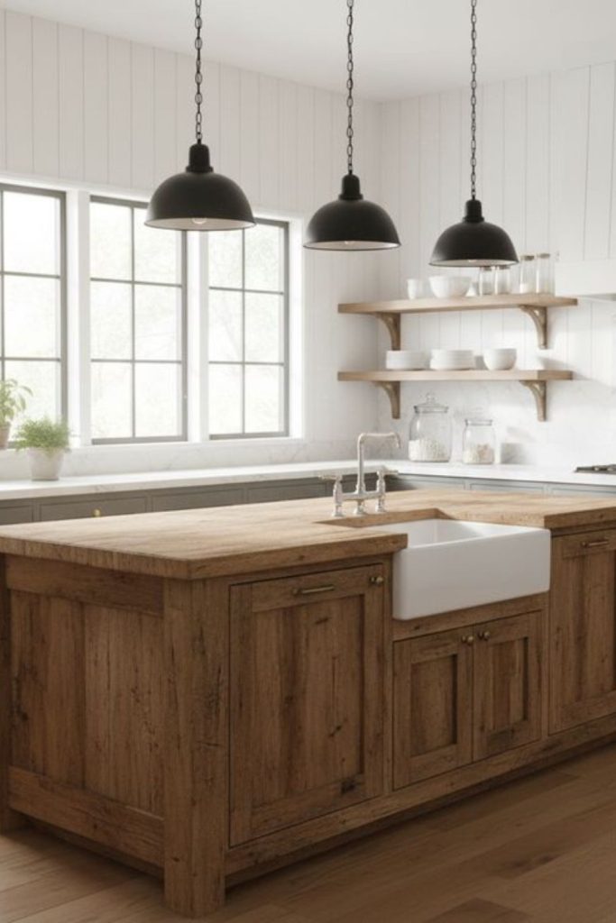 Rustic barnwood kitchen island with sink.