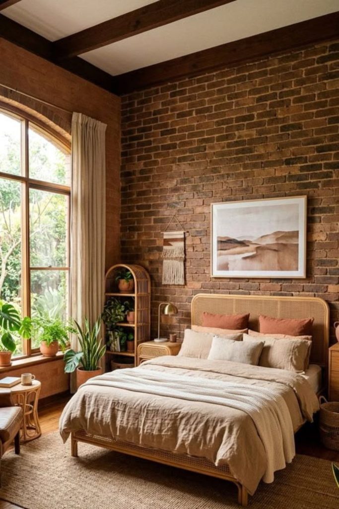 Rustic brick wall autumn bedroom.