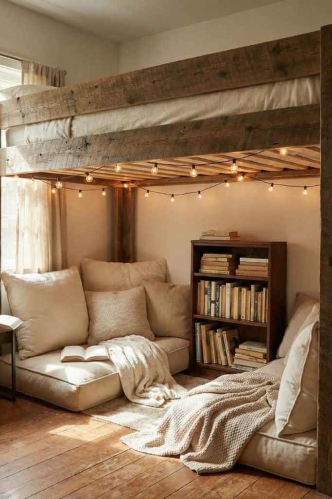Rustic cabin-inspired lofted dorm room.
