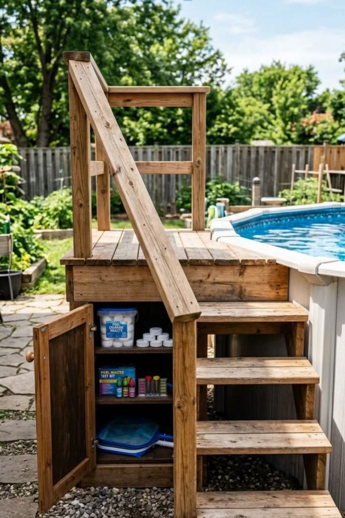 Rustic cedar DIY pool ladder design.