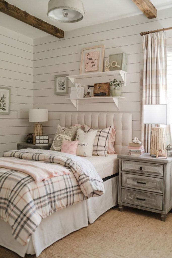 Rustic farmhouse bedroom with wooden furniture.