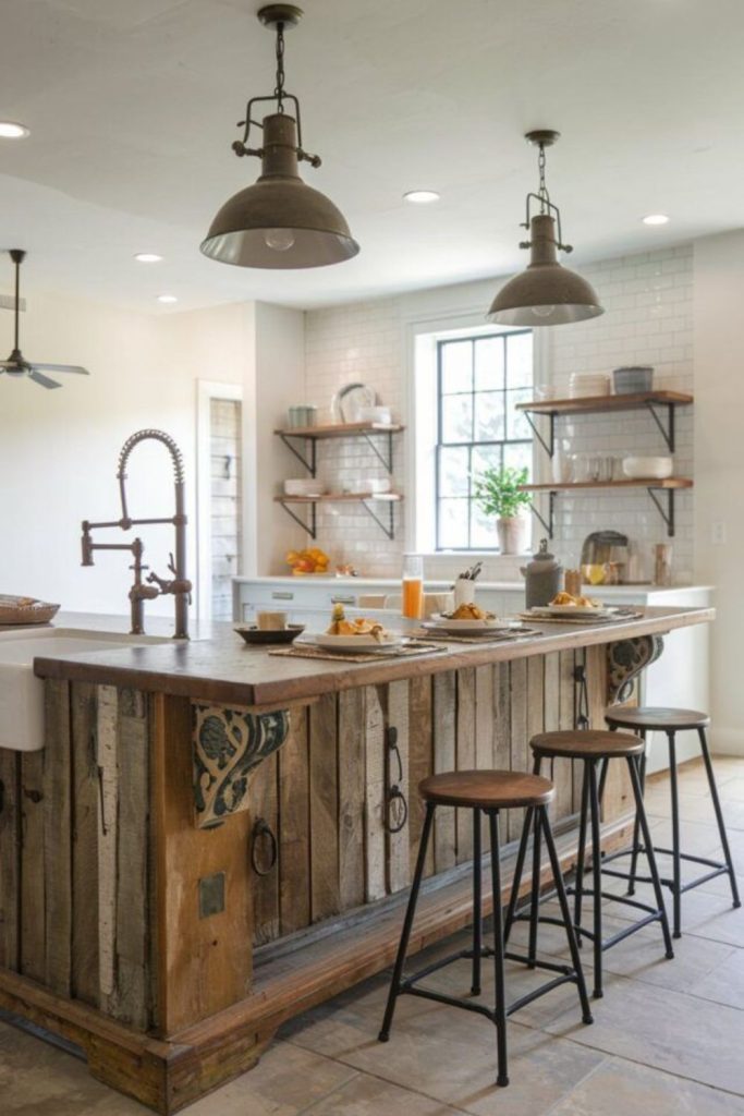 Rustic farmhouse island with apron sink.