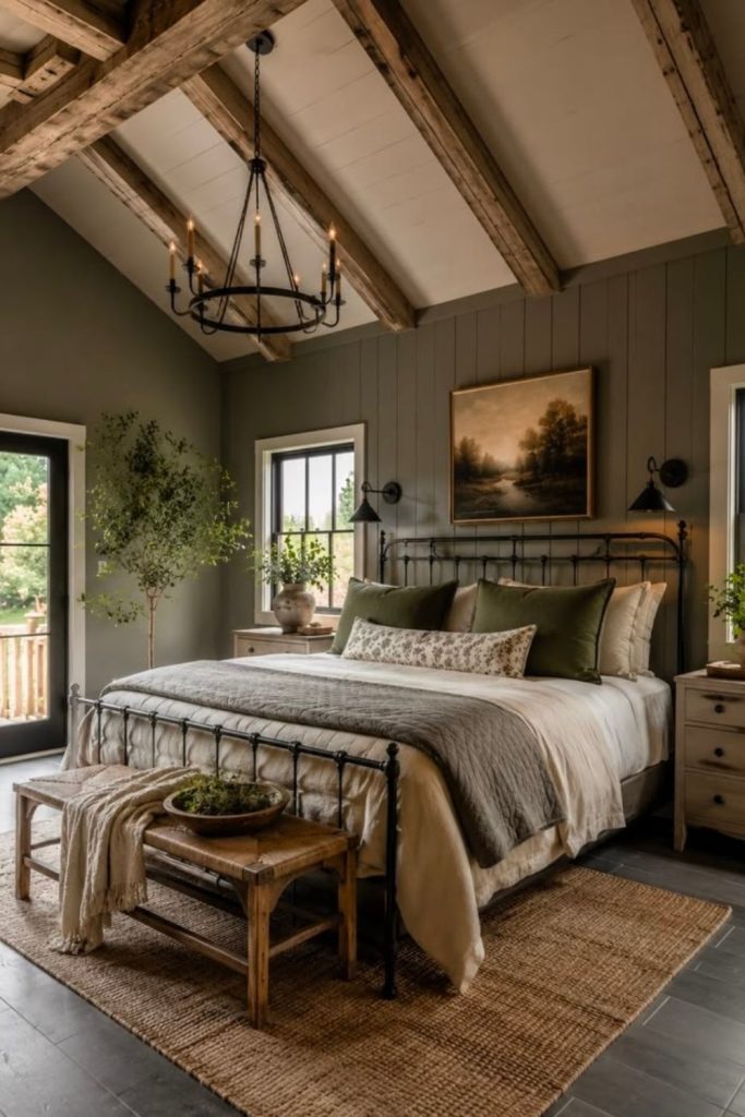Rustic farmhouse bedding with checkered quilt.