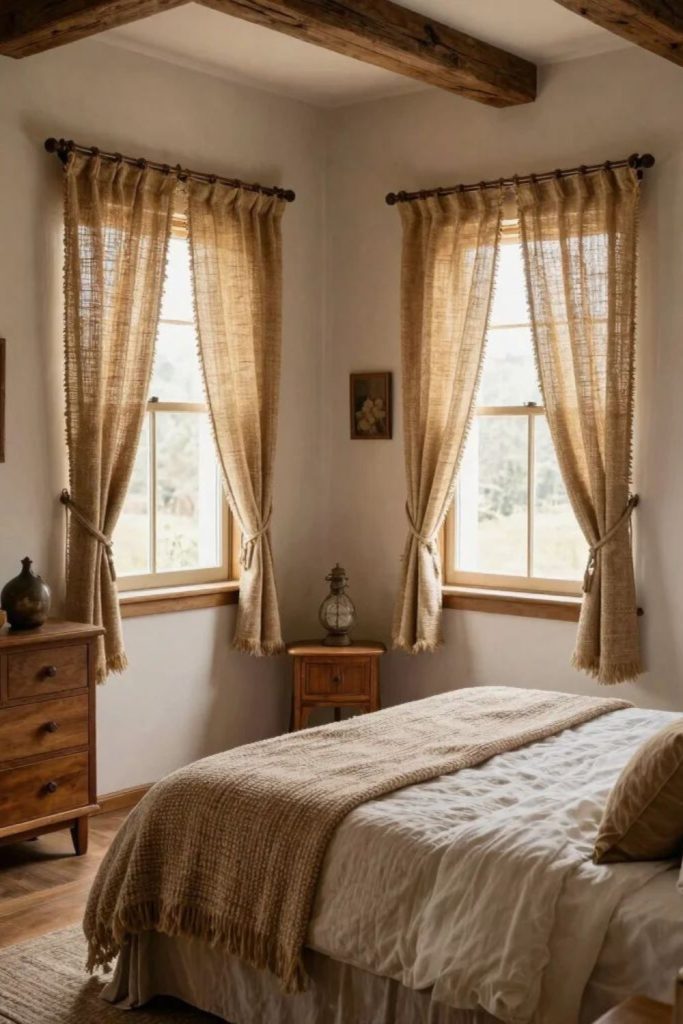 Rustic cotton curtains with wood blinds.