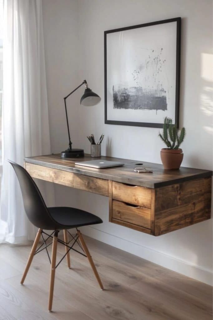 Rustic farmhouse wooden bedroom workspace design.