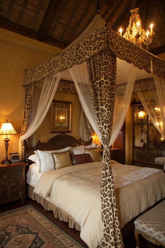 Rustic leopard bedroom with wooden charm.