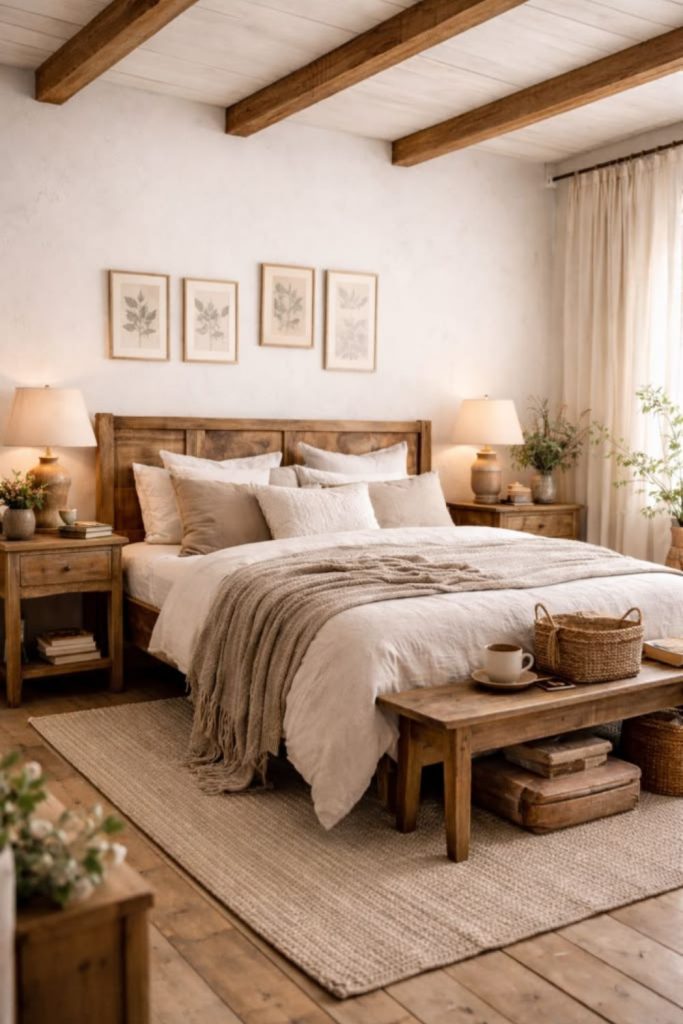 Rustic linen bedroom with timber bed