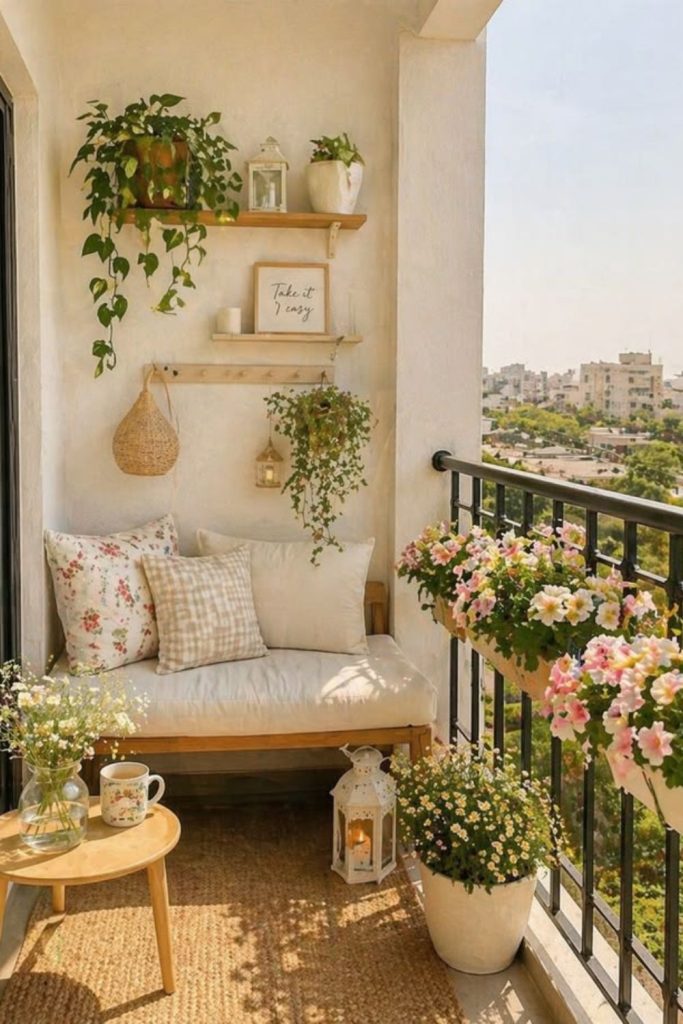 Rustic wooden bedroom balcony with flowers.