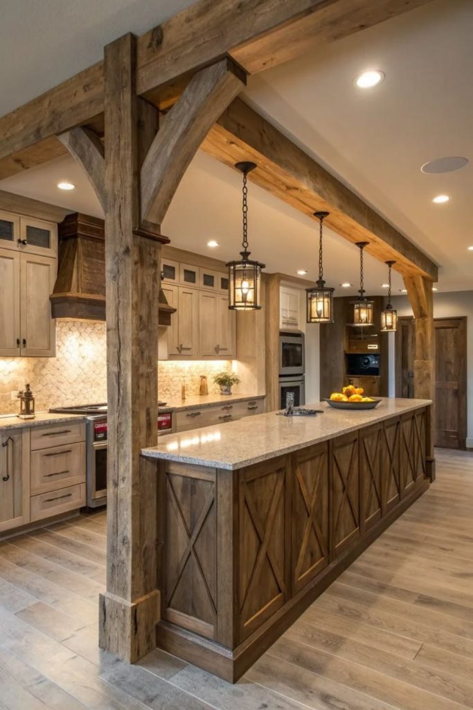Rustic oak kitchen island with shelves.