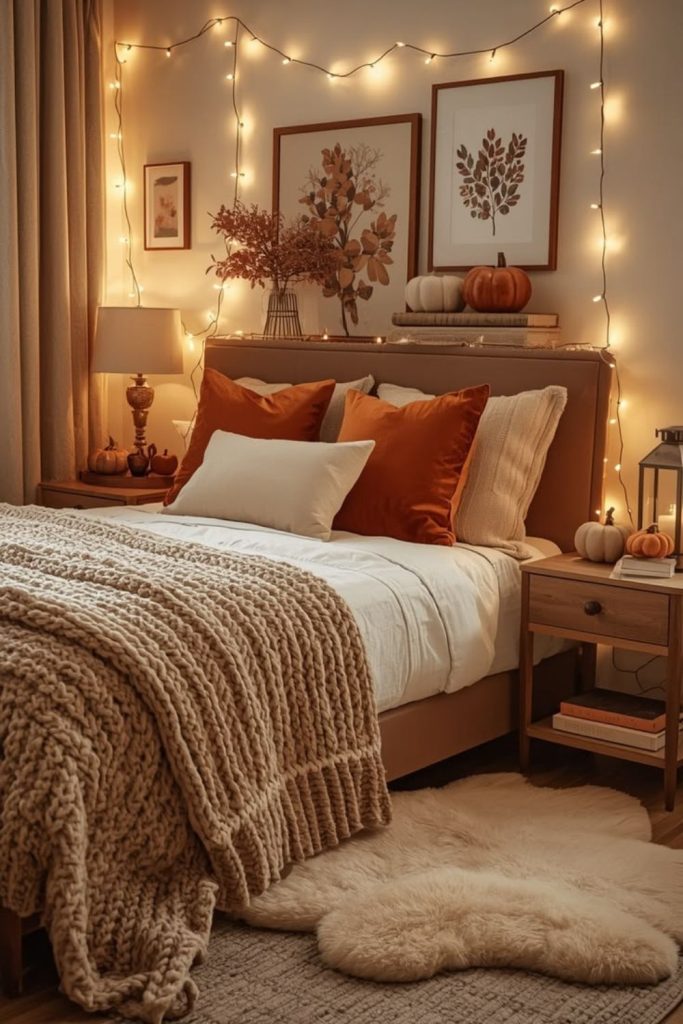 Rustic pumpkin autumn bedroom corner.