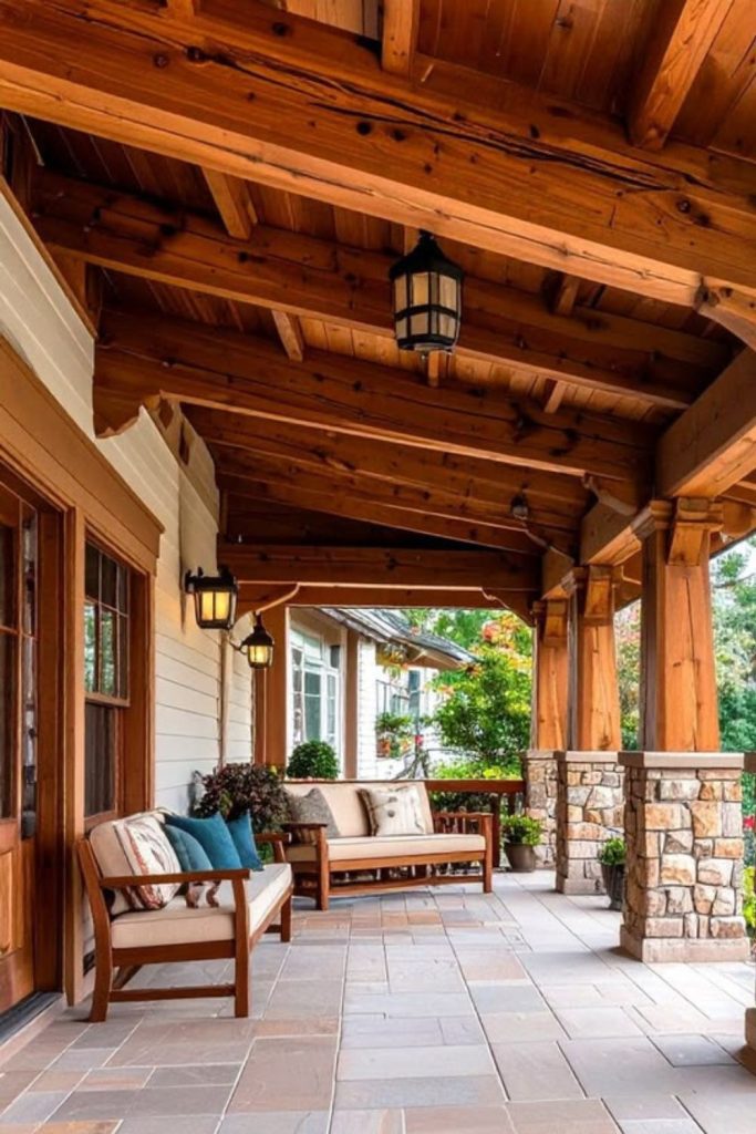 Rustic stone covered porch with beams.