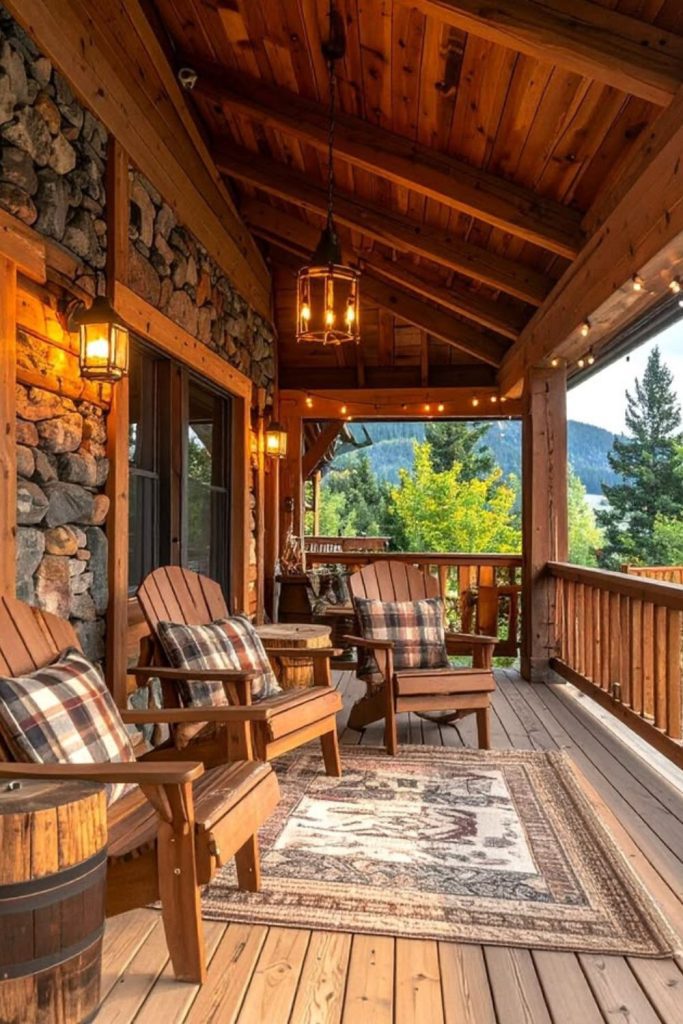Rustic timber covered porch with lanterns.