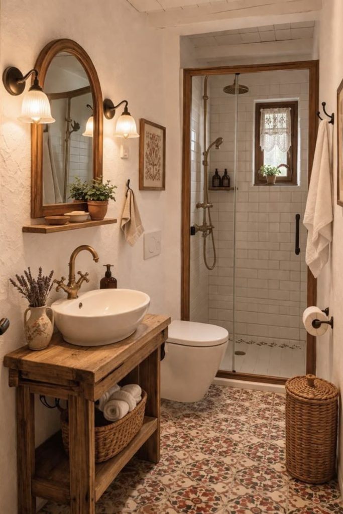 Rustic wood tiny bathroom interior.