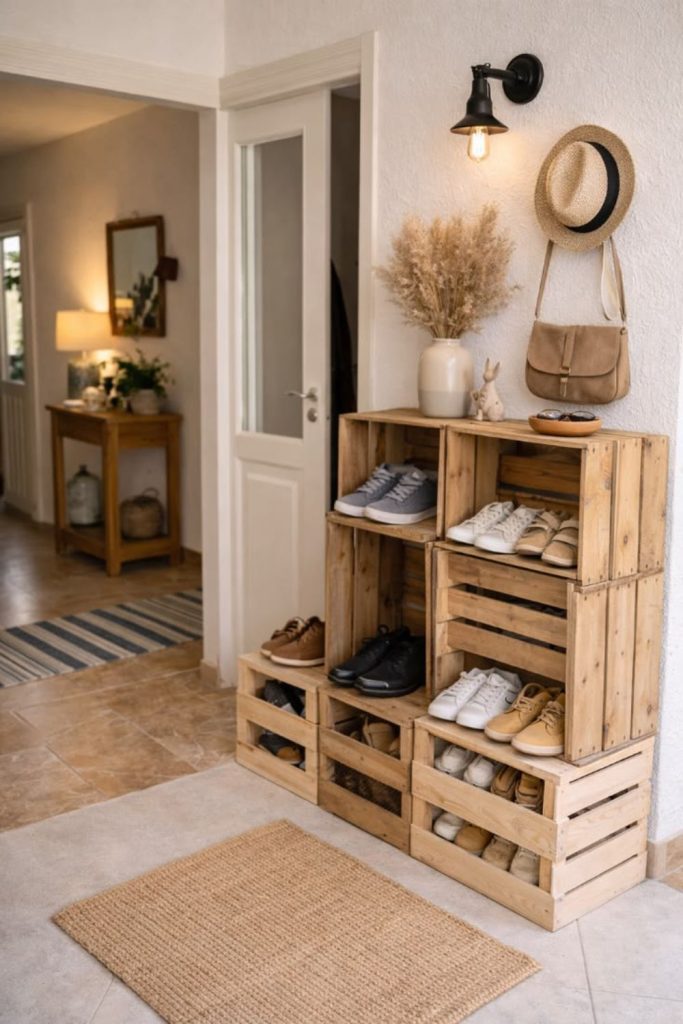 Rustic wooden crates used for storage.