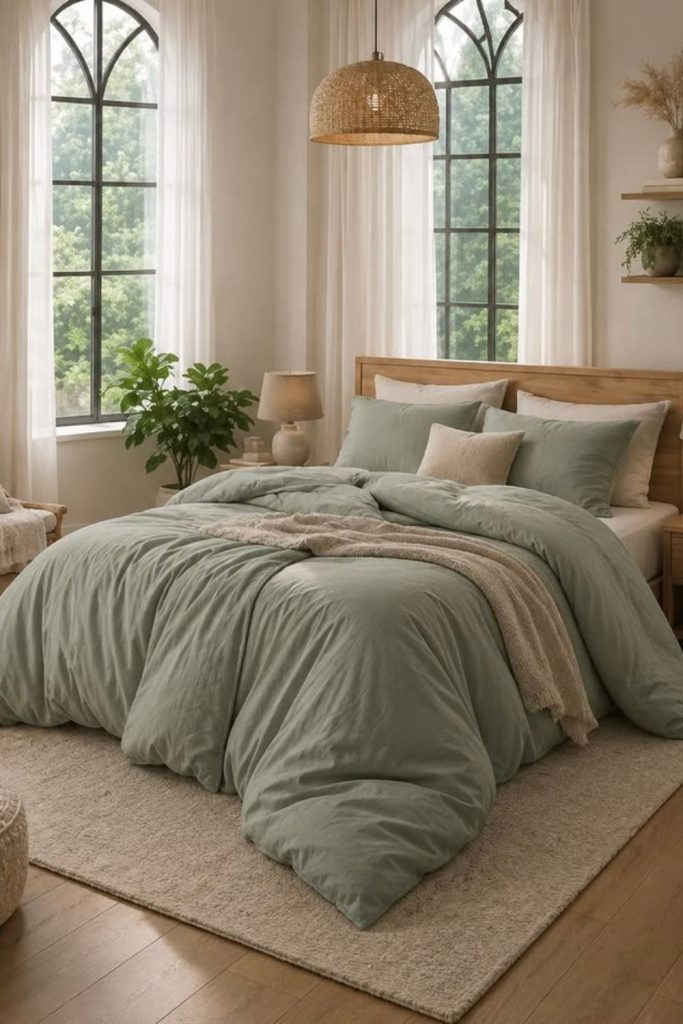 Sage green bedding with wooden decor.