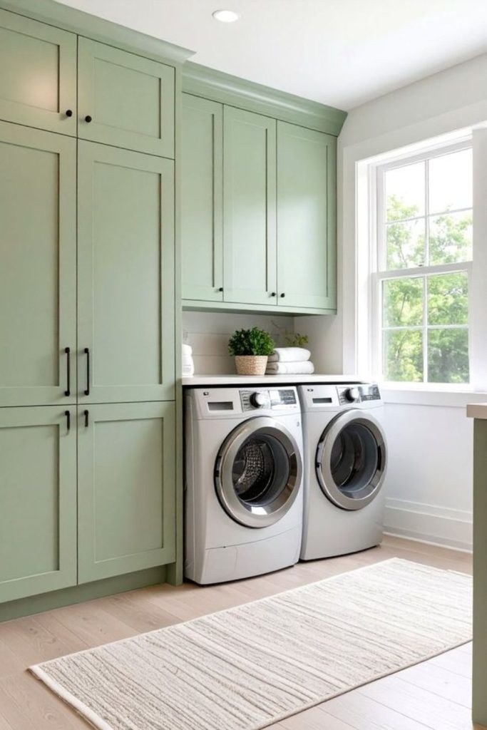 Sage green laundry room cabinetry.