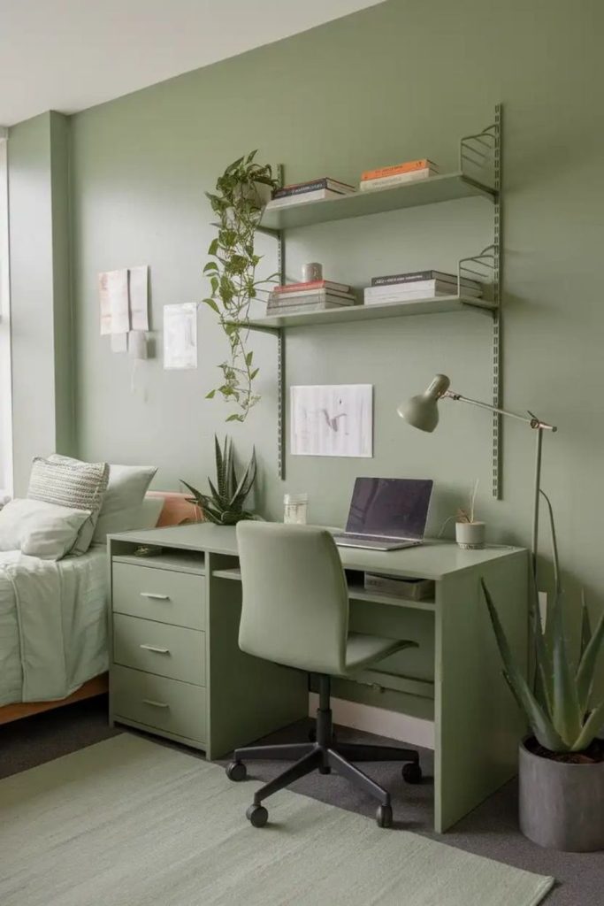 Sage green cozy teen study bedroom.