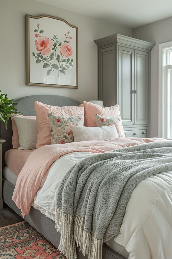 Natural pink grey bedroom with greenery.