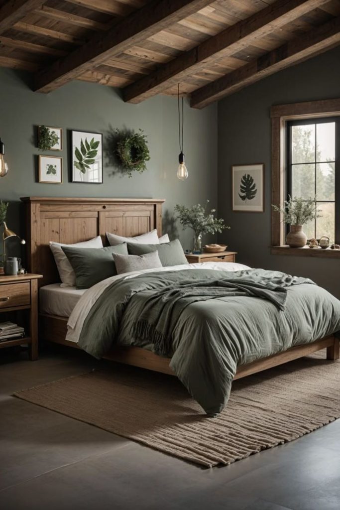 Sage green bedroom with cozy accents.