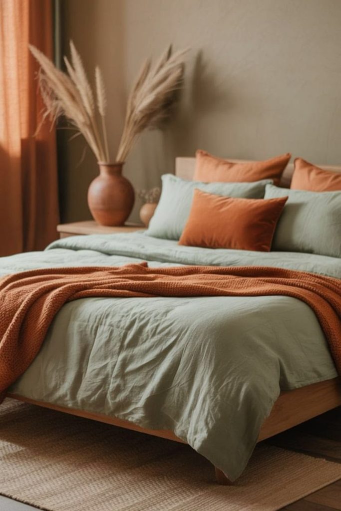 Sage rust autumn bedroom decor.