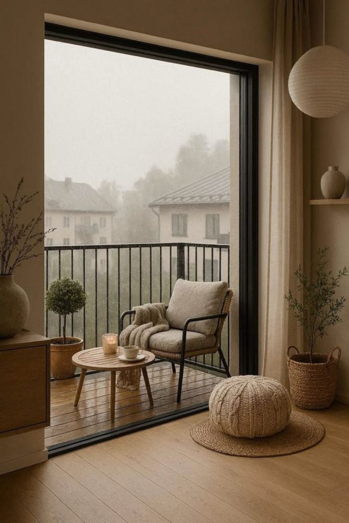 Scandinavian bedroom balcony in neutral tones.