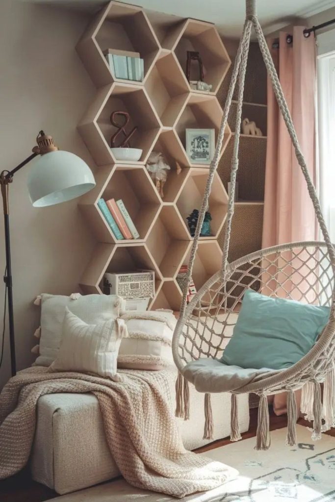 Scandinavian teen bedroom with oak furniture.