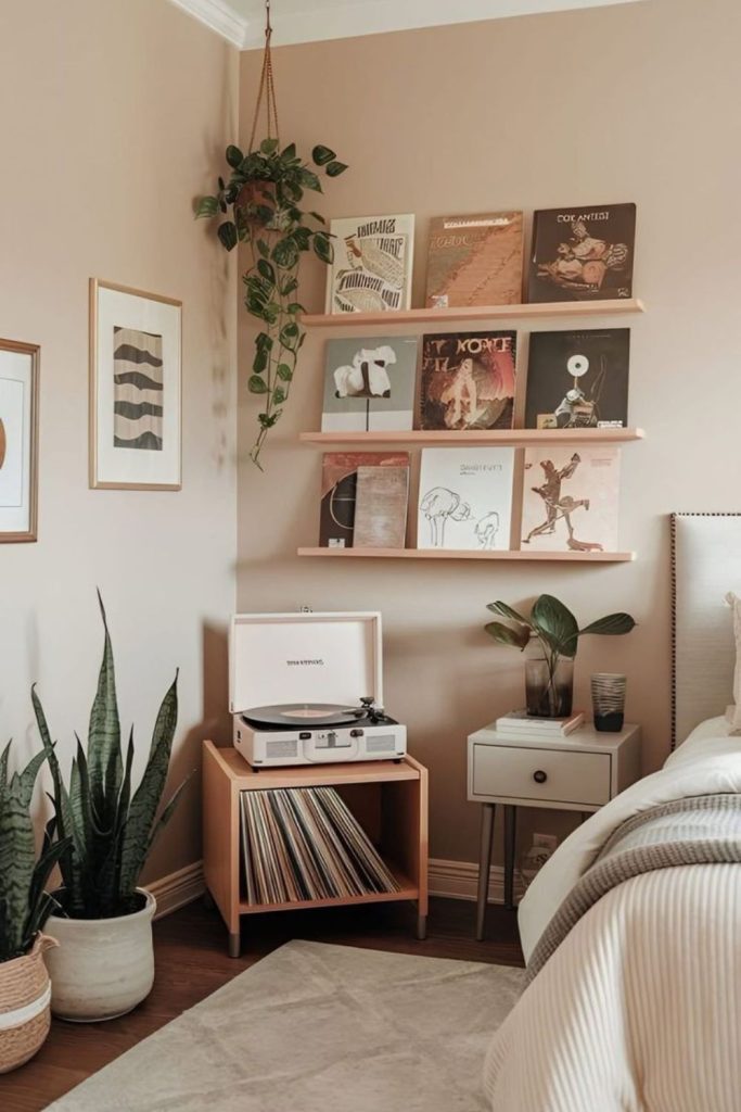 Scandinavian minimalist teen room with wood.