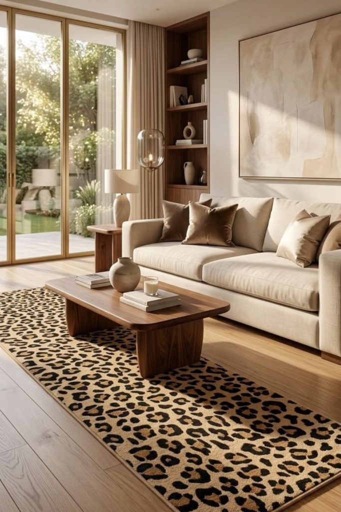Scandinavian cheetah styled bright living room.