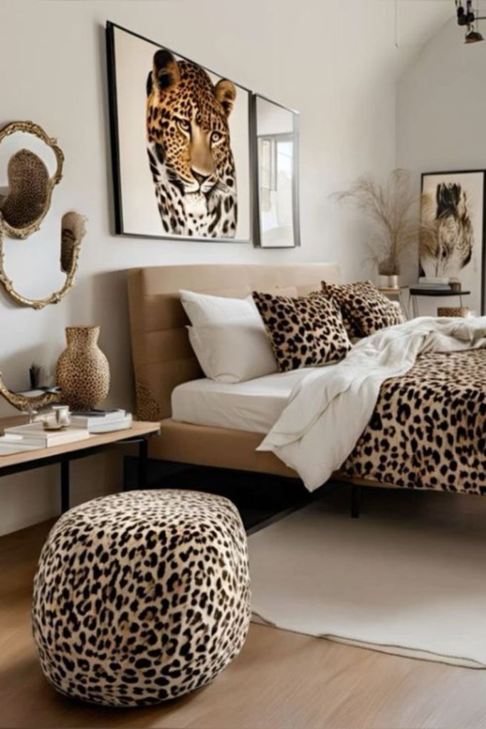 Scandinavian leopard bedroom with oak furniture.