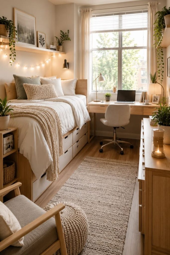 Scandinavian lofted bed dorm sanctuary.