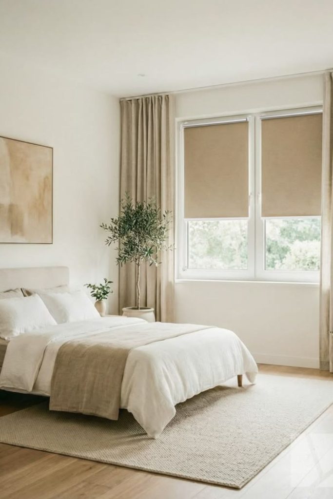Scandinavian cream curtains and white blinds.