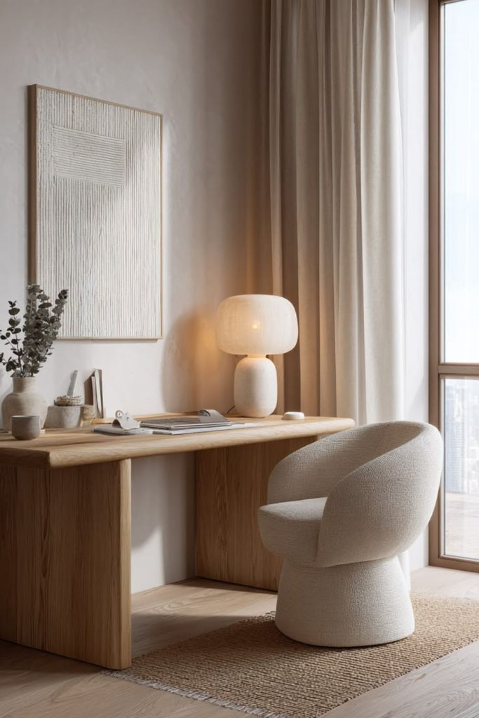 Scandinavian oak desk with minimalist decor.