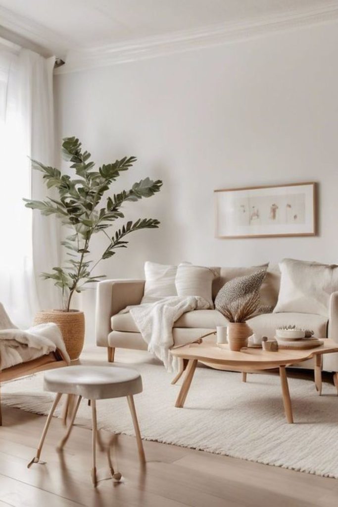 Pale wood furniture with linen textiles.