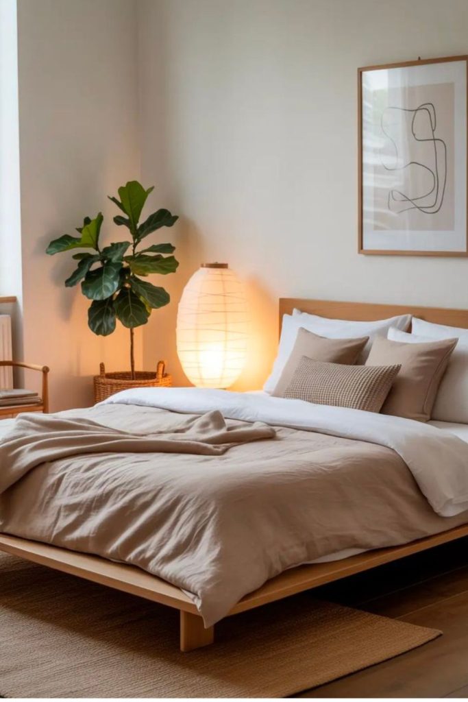 Scandinavian wooden minimalist bed frame.
