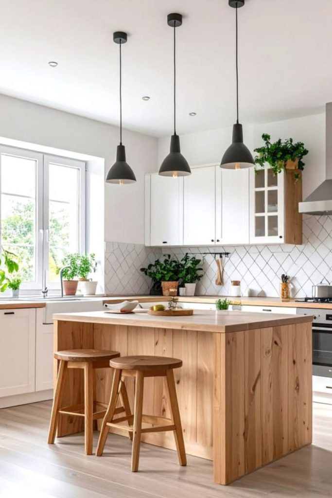 Scandinavian minimalist wood kitchen island style.