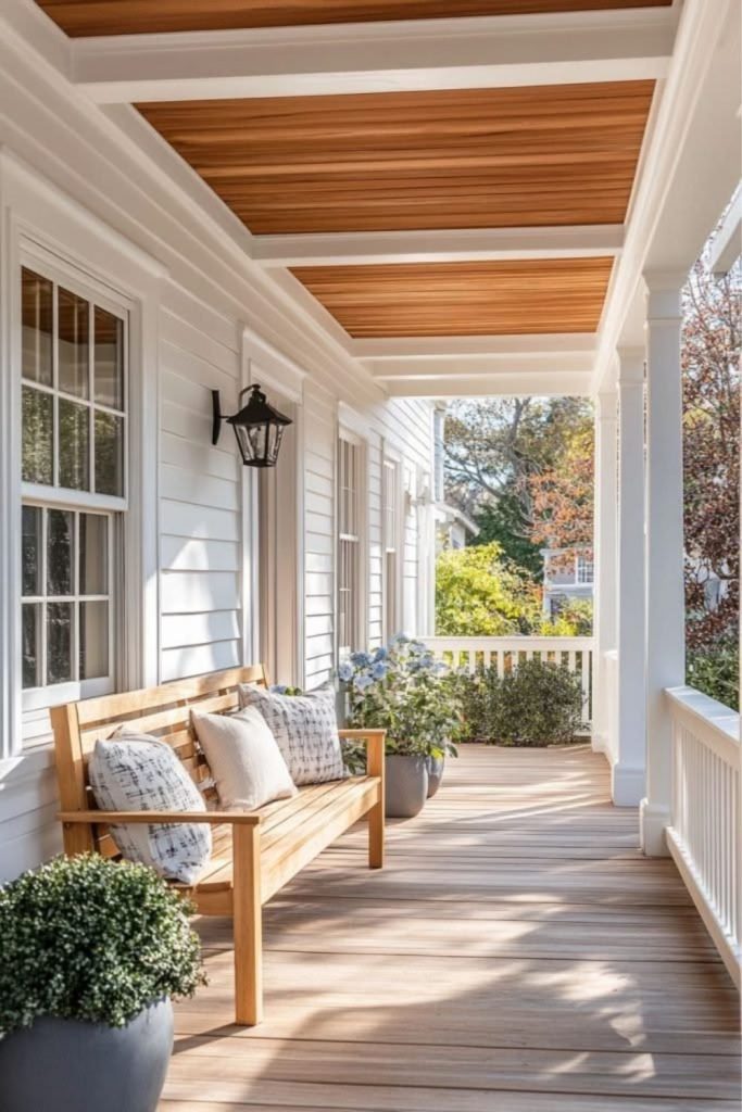 Scandinavian minimalist covered porch with wood.