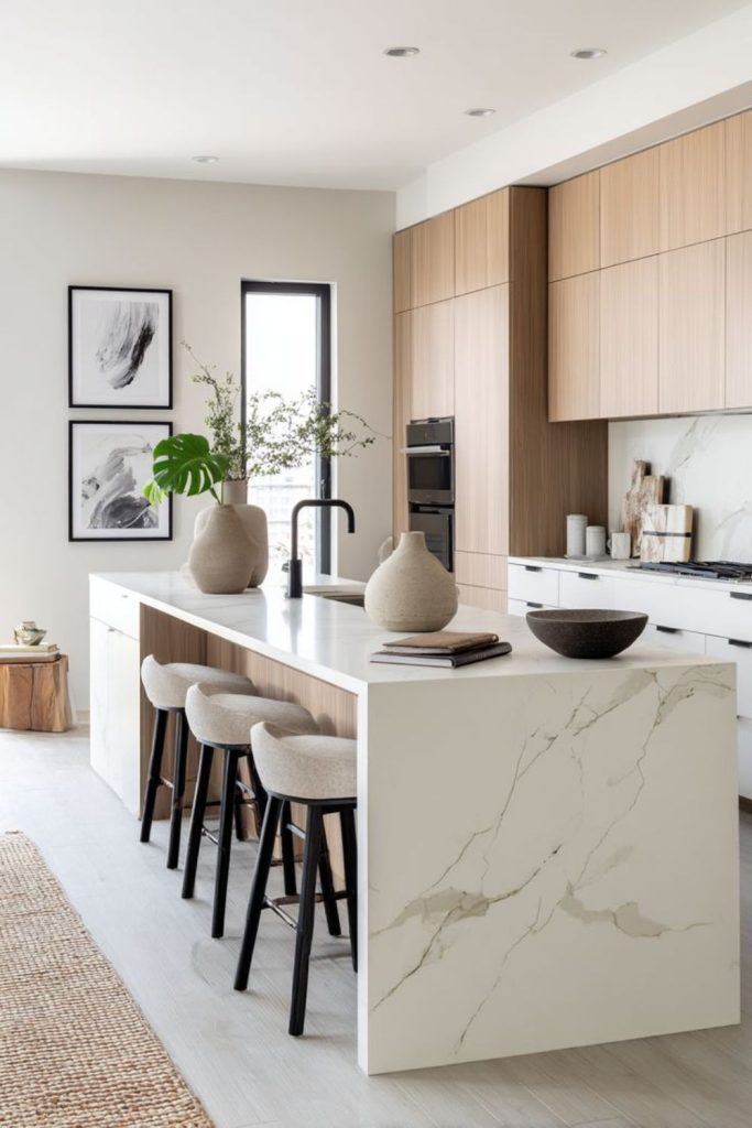Scandinavian kitchen island with integrated sink.