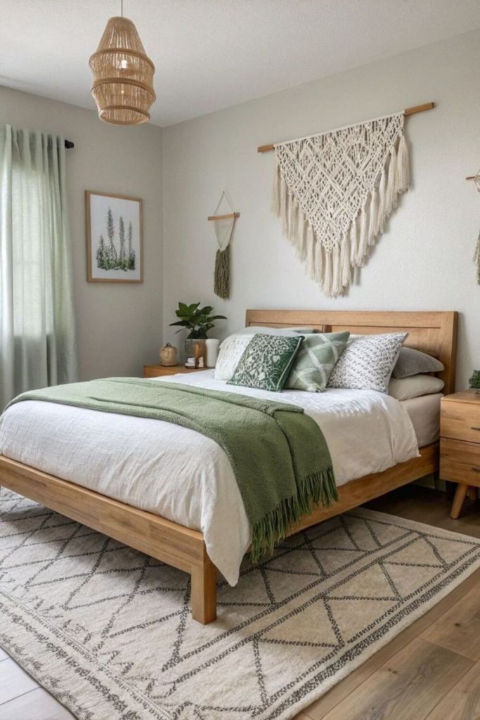 Scandinavian neutral bedding with knit blanket.