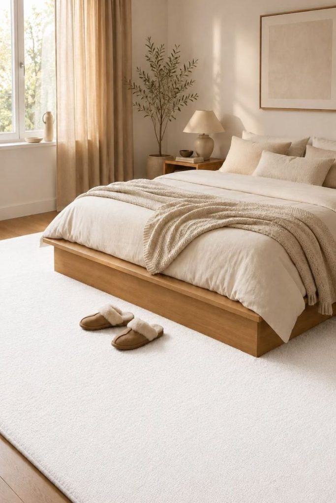 Scandinavian white minimalist bedroom carpet flooring.