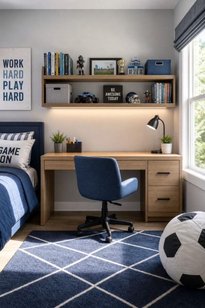 Scandinavian minimalist boys dorm bedroom.