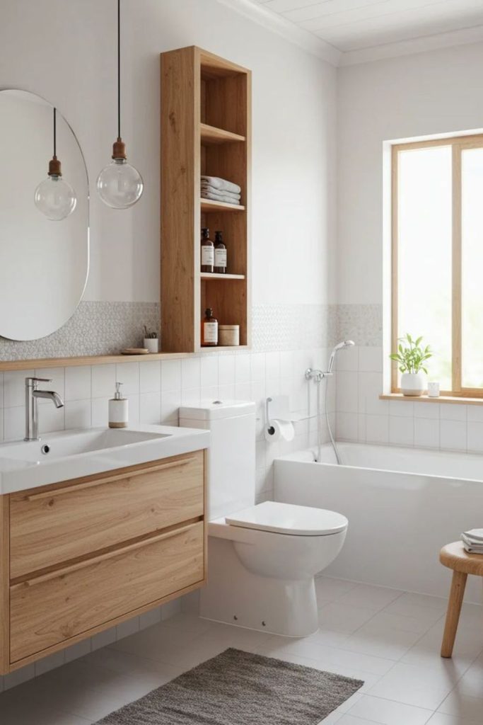 Scandinavian white minimalist bathroom interior.