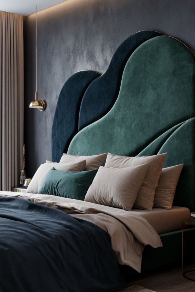 Sculpted wave headboard designer bed.