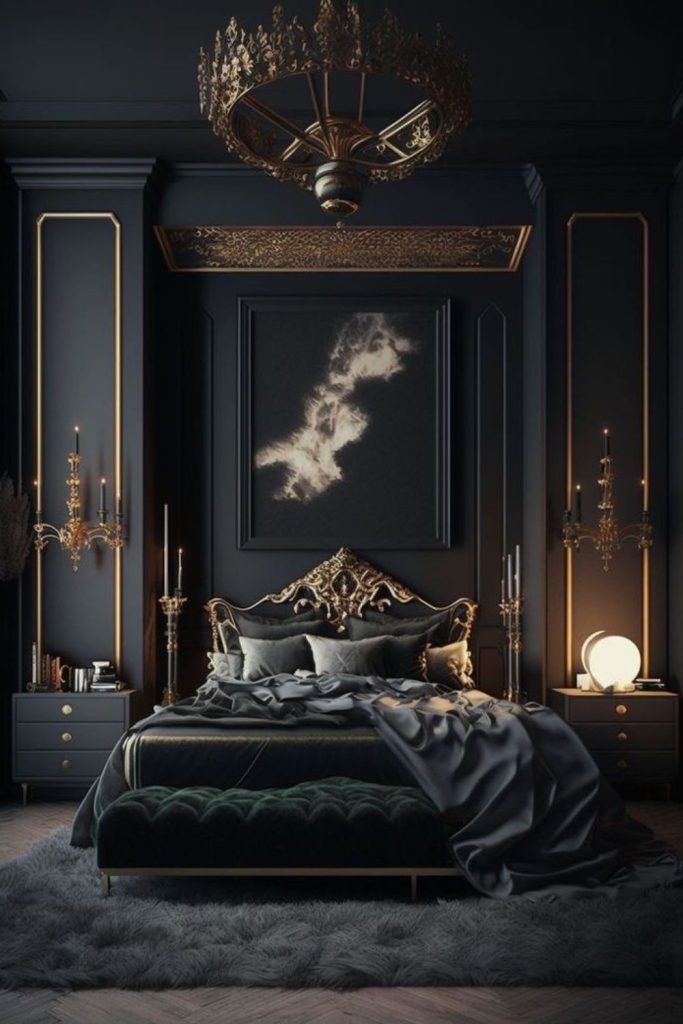 Luxurious black floral bedroom with orchids.