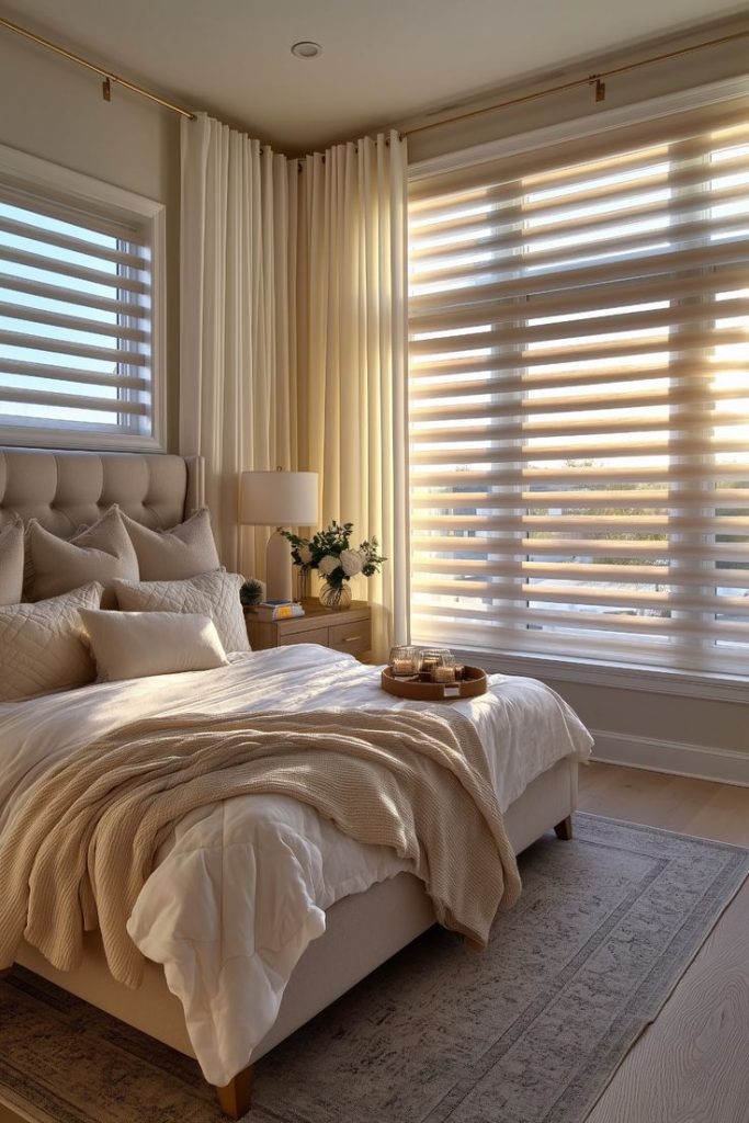 Sheer blush curtains with privacy blinds.