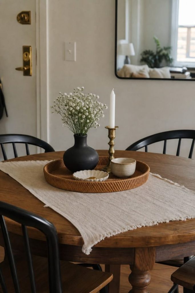 Simple dining table with floral centerpiece.