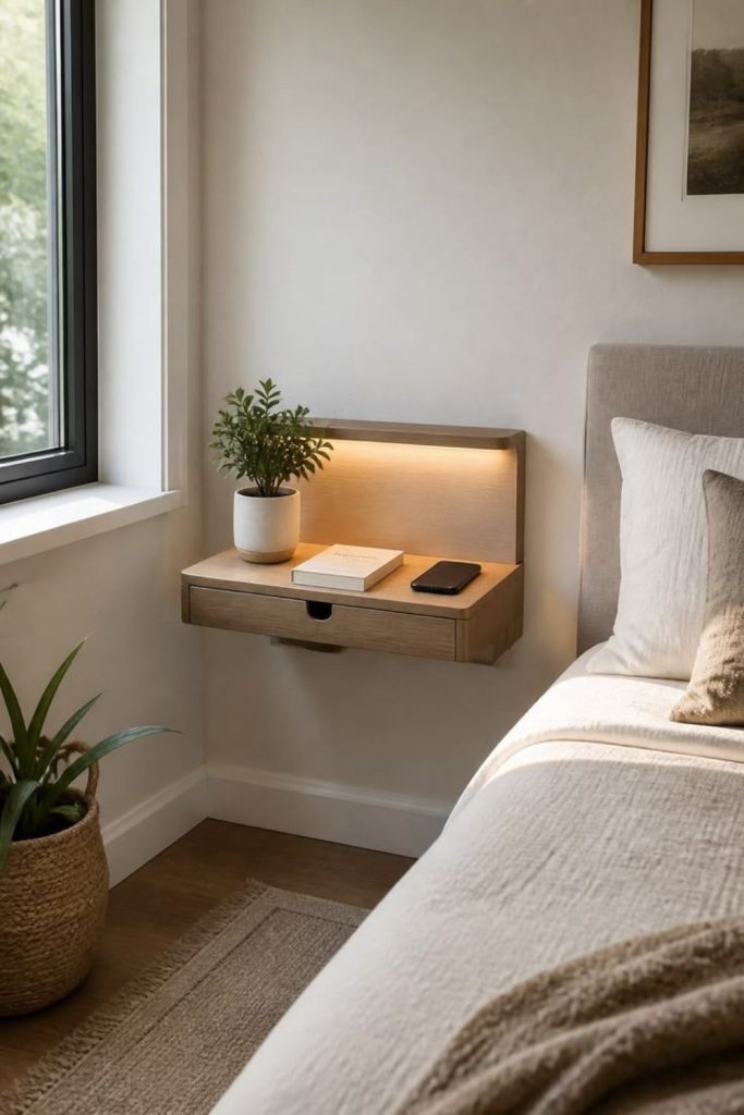 Floating wooden nightstand beside modern bed.