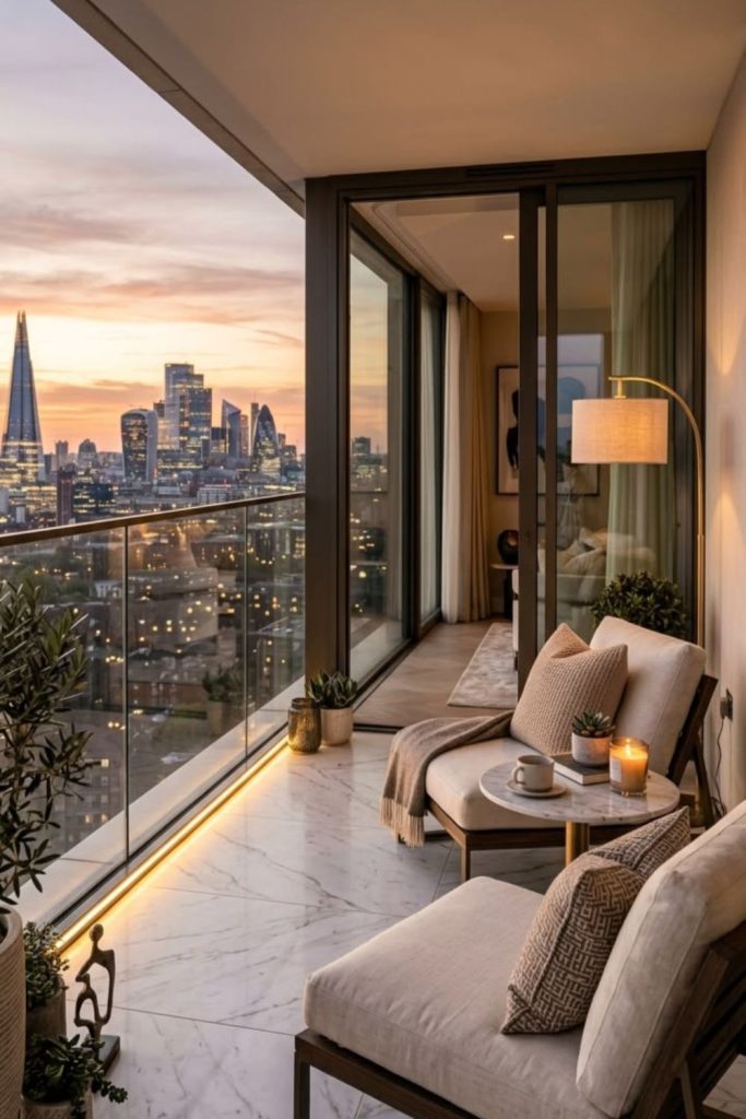 Modern skyline bedroom balcony with loungers.
