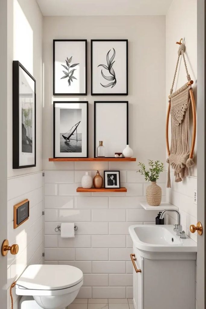 Slim gallery wall bathroom decor.